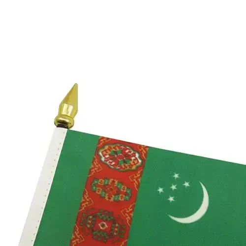 AZ FLAG - Turkmenistan Table Flag 4'' x 6'' - Turkmen Mini Desk Flag 100% Polyester 15 x 10 cm. - Office Banner with 10'' Pole - Golden Spear - 4