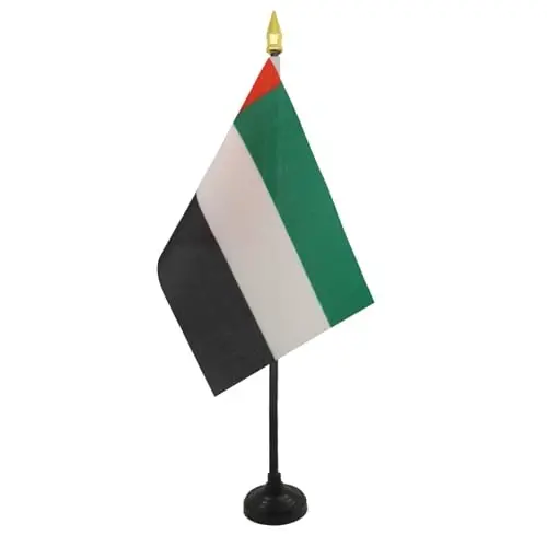 AZ FLAG - United Arab Emirates Table Flag 4'' x 6'' - Emirati Mini Desk Flag 100% Polyester 15 x 10 cm. - Office Banner with 10'' Pole - Golden Spear - 2