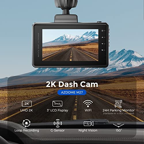 AZDOME 2K Dash Cam, Dahili WiFi, QHD 2560x1440P Çözünürlüklü Gösterge Paneli Kamerası, M27 Araç Kamerası, 3'' Ekranlı Araba Kamerası, WDR, Gece Görüşü, Park Sensörü, G-Sensörü - 2