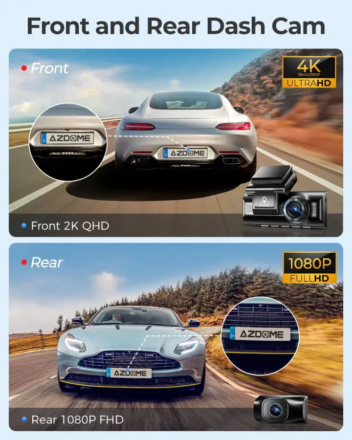 AZDOME 3 Channel Dash Cam with 4K WiFi, Dual Front and Rear for Car 4K+1080P Free 64GB Card, Built-in GPS 24H Parking Mode IR Night Vision WDR 3.19