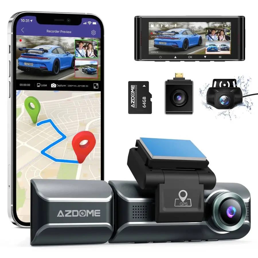 AZDOME 3 Channel Dash Cam with 4K WiFi, Dual Front and Rear for Car 4K+1080P Free 64GB Card, Built-in GPS 24H Parking Mode IR Night Vision WDR 3.19