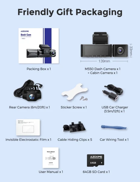 AZDOME 3 Kanalli 4K WiFi Avtomobil Kamerasi, Old va Orqa Ikkita Kamera 4K+1080P Bepul 64GB Karta, GPS 24 Soatlik To'xtash Rejimi IR Tungi Ko'rish WDR 3.19