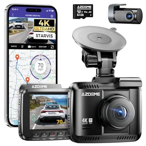 AZDOME 4K Dash Cam Front and Rear, STARVIS Night Vision, UHD 2160P WiFi Dash Camera for Cars with GPS, Included 64GB Card, 2.4