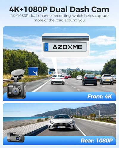 AZDOME 4K Dash Cam Front and Rear, STARVIS Night Vision, UHD 2160P WiFi Dash Camera for Cars with GPS, Included 64GB Card, 2.4
