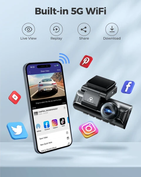 AZDOME 5G WiFi 3 Channel 4K Dash Cam for Car, Free 64GB Card Dash Camera Front and Rear 3.19