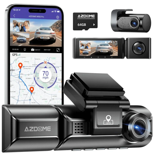 AZDOME 5G WiFi 3 Channel 4K Dash Cam for Car, Free 64GB Card Dash Camera Front and Rear 3.19