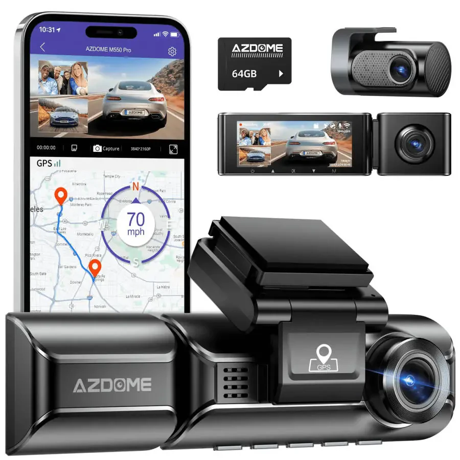 AZDOME 5G WiFi 3 Channel 4K Dash Cam for Car, Free 64GB Card Dash Camera Front and Rear 3.19