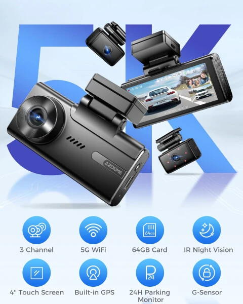 AZDOME Avtomobil Videoregistratori 3 Kanal, 5K Videoregistrator Oldin va Orqa Ichki 4K+1080P+1080P, WiFi va 64GB Karta ega Videoregistrator, IR WDR Kechasi Ko'rish, 4