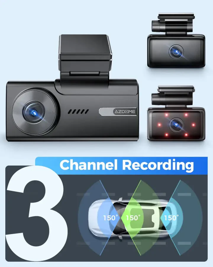 AZDOME Avtomobil Videoregistratori 3 Kanal, 5K Videoregistrator Oldin va Orqa Ichki 4K+1080P+1080P, WiFi va 64GB Karta ega Videoregistrator, IR WDR Kechasi Ko'rish, 4