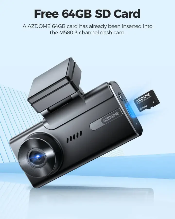 AZDOME Avtomobil Videoregistratori 3 Kanal, 5K Videoregistrator Oldin va Orqa Ichki 4K+1080P+1080P, WiFi va 64GB Karta ega Videoregistrator, IR WDR Kechasi Ko'rish, 4