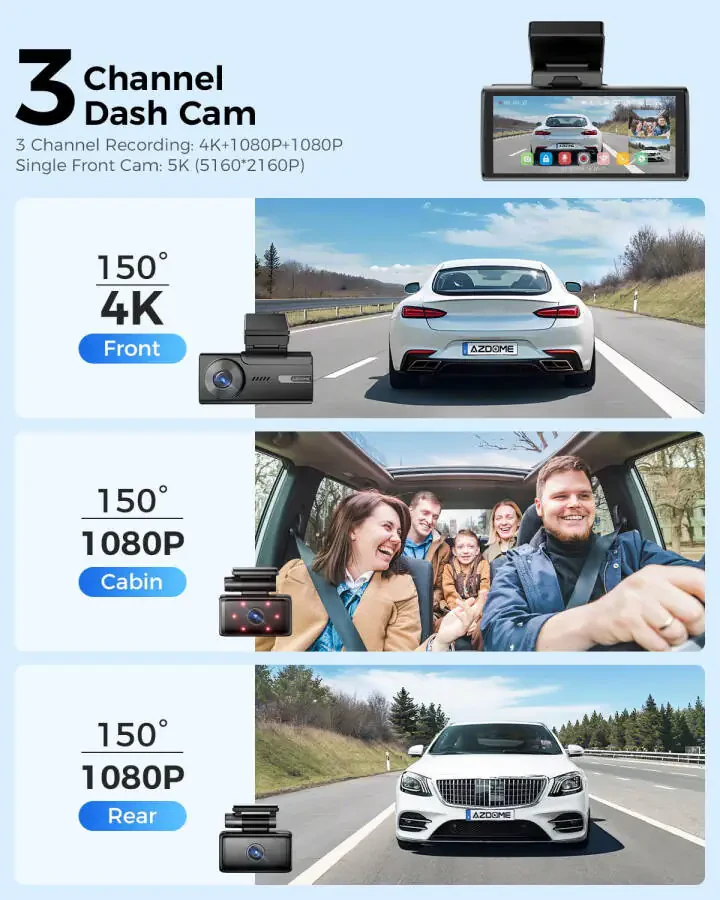 AZDOME Car Dash Cam 3 Channel, 5K Dash Camera Front and Rear Inside 4K+1080P+1080P, Dashcam with WiFi & 64GB Card, IR WDR Night Vision, 4