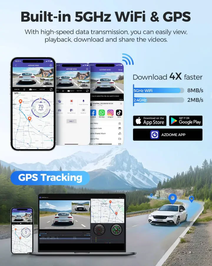 AZDOME Car Dash Cam 3 Channel, 5K Dash Camera Front and Rear Inside 4K+1080P+1080P, Dashcam with WiFi & 64GB Card, IR WDR Night Vision, 4