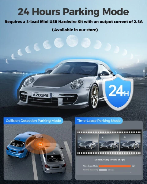 AZDOME Dash Cam Oldin va Orqa, 4K+1080P Ikki tomonlama Avtomobil uchun Dash Kamera, O'rnatilgan WiFi GPS li Bosh Kamera, Bepul 64GB Karta, Harakatni aniqlash, 24 soatlik To'xtash rejimi, WDR Kechasi ko'rish - 4