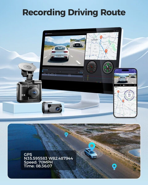 AZDOME Dash Cam Oldin va Orqa, 4K+1080P Ikki tomonlama Avtomobil uchun Dash Kamera, O'rnatilgan WiFi GPS li Bosh Kamera, Bepul 64GB Karta, Harakatni aniqlash, 24 soatlik To'xtash rejimi, WDR Kechasi ko'rish - 5