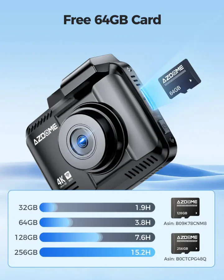 AZDOME Dash Cam Oldin va Orqa, 4K+1080P Ikki tomonlama Avtomobil uchun Dash Kamera, O'rnatilgan WiFi GPS li Bosh Kamera, Bepul 64GB Karta, Harakatni aniqlash, 24 soatlik To'xtash rejimi, WDR Kechasi ko'rish - 6