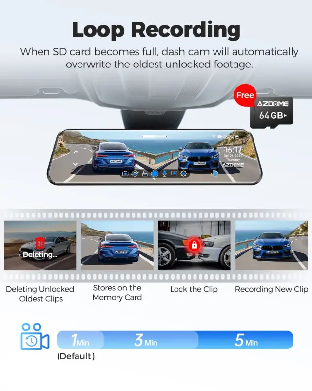 AZDOME Rear View Mirror Dash Cam, Dual Camera 4K Front and 1080P Rear Camera, 12'' Mirror Dash Cam with Night Vision, Built-in Wi-Fi GPS, Free 64GB Card, Parking Monitor - 6