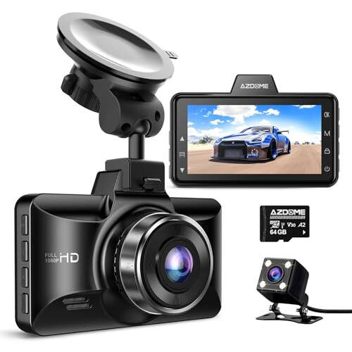 AZDOME Dual Dash Cam Front and Rear, 3 inch 2.5D IPS Screen Free 64GB Card Car Driving Recorder, 1080P FHD Dashboard Camera, Waterproof Backup Camera Night Vision, Park Monitor, G-Sensor, for Car Taxi - 1