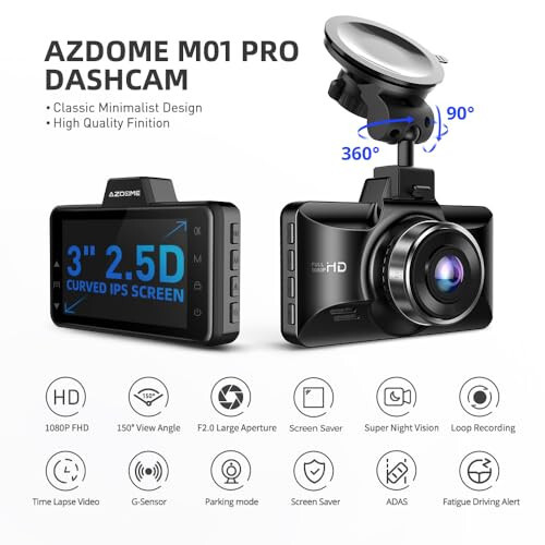 AZDOME Dual Dash Cam Front and Rear, 3 inch 2.5D IPS Screen Free 64GB Card Car Driving Recorder, 1080P FHD Dashboard Camera, Waterproof Backup Camera Night Vision, Park Monitor, G-Sensor, for Car Taxi - 2