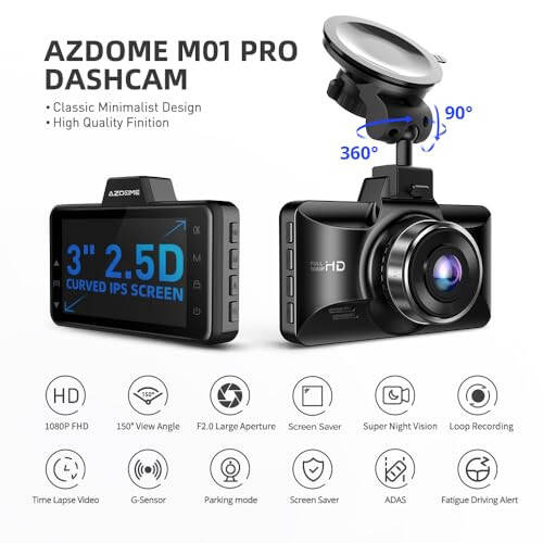 AZDOME Dual Dash Cam Front and Rear, 3 inch 2.5D IPS Screen Free 64GB Card Car Driving Recorder, 1080P FHD Dashboard Camera, Waterproof Backup Camera Night Vision, Park Monitor, G-Sensor, for Car Taxi - 2