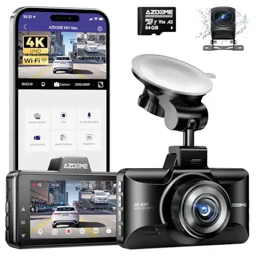 AZDOME M01 Max UHD 4K Dash Cam Front and Rear, Built-in Wi-Fi, Free 64GB Card, App Control, 4K+1080 Dash Camera for Car, Built-in ADAS, G-Sensor, IP68 Waterproof, 24H Parking Mode Dashcam - AZDOME