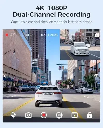 AZDOME M01 Max UHD 4K Dash Cam Front and Rear, Built-in Wi-Fi, Free 64GB Card, App Control, 4K+1080 Dash Camera for Car, Built-in ADAS, G-Sensor, IP68 Waterproof, 24H Parking Mode Dashcam - 3