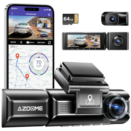 AZDOME M550 3 Channel Dash Cam, 4K+1080P Dual Dash Camera for Cars Built-in WiFi GPS, 1440P+1080P+1080P Front and Rear Inside, 64GB Card Included, 3.19