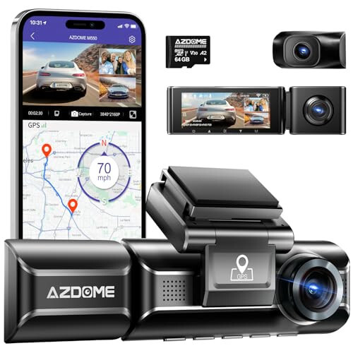 AZDOME M550 3 Channel Dash Cam, 4K+1080P Dual Dash Camera for Cars Built-in WiFi GPS, 1440P+1080P+1080P Front and Rear Inside, 64GB Card Included, 3.19