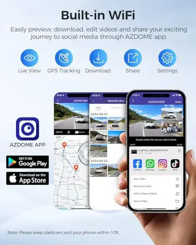 AZDOME M550 3 Channel Dash Cam, 4K+1080P Dual Dash Camera for Cars Built-in WiFi GPS, 1440P+1080P+1080P Front and Rear Inside, 64GB Card Included, 3.19