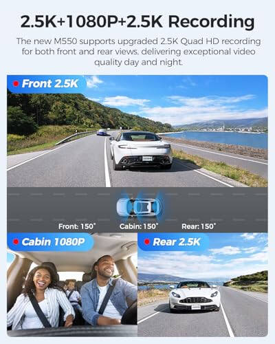 AZDOME M550 3 Kanal Dash Cam, Avtomobillar Uchun 4K+1080P Ikki Kanal Dash Kamera O'rnatilgan WiFi GPS, 1440P+1080P+1080P Oldingi va Orqa Ichki, 64GB Karta Kiritilgan, 3.19” IPS Ekran, WDR, IR Tungi Ko'rish, To'xtash Rejimi - 3