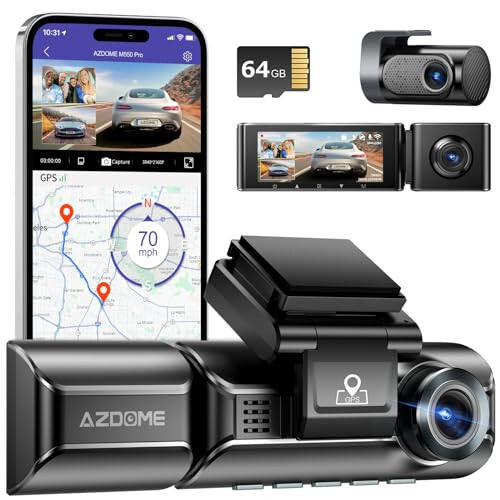 AZDOME M550 Pro 5G WiFi 3 Kanal Dash Cam O'rnatilgan GPS, 64GB Karta ega Avtomobillar Uchun 4K+1080P Ikki Kanal Dash Kamera, 1440P+1080P+1080P Old va Orqa Ichki, 3.19