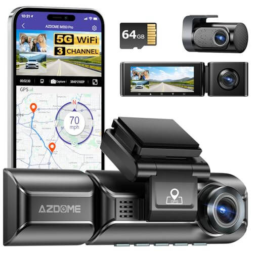 AZDOME M550 Pro 5G WiFi 3 Kanal Dash Cam O'rnatilgan GPS, 64GB Karta ega Avtomobillar Uchun 4K+1080P Ikki Kanal Dash Kamera, 1440P+1080P+1080P Old va Orqa Ichki, 3.19