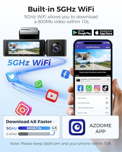 AZDOME M550 Pro 5G WiFi 3 Kanal Dash Cam O'rnatilgan GPS, 64GB Karta ega Avtomobillar Uchun 4K+1080P Ikki Kanal Dash Kamera, 1440P+1080P+1080P Old va Orqa Ichki, 3.19