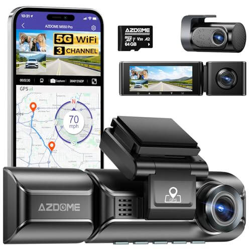 AZDOME M550 Pro 5G WiFi 3 Kanal Dash Cam O'rnatilgan GPS, 64GB Karta ega Avtomobillar Uchun 4K+1080P Ikki Kanal Dash Kamera, 1440P+1080P+1080P Old va Orqa Ichki, 3.19