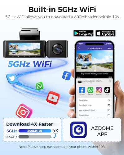 AZDOME M550 Pro 5G WiFi 3 Channel Dash Cam Built-in GPS, 4K+1080P Dual Dash Camera for Cars with 64GB Card, 1440P+1080P+1080P Front and Rear Inside, 3.19