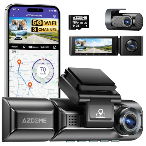 AZDOME M550 Pro 5G WiFi 3 Channel Dash Cam Built-in GPS, 4K+1080P Dual Dash Camera for Cars with 64GB Card, 1440P+1080P+1080P Front and Rear Inside, 3.19