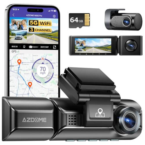 AZDOME M550 Pro 5G WiFi 3 Channel Dash Cam Built-in GPS, 4K+1080P Dual Dash Camera for Cars with 64GB Card, 1440P+1080P+1080P Front and Rear Inside, 3.19