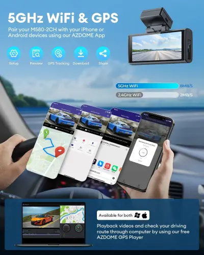 AZDOME M580 5K 5GHz WiFi Dash Cam Front and Rear, 4 Inch Touchscreen Dash Camera for Cars, Free 64GB Card Dash Camera 4K+1080P GPS WDR Night Vision 24H 4 Modes Parking Monitor - 3