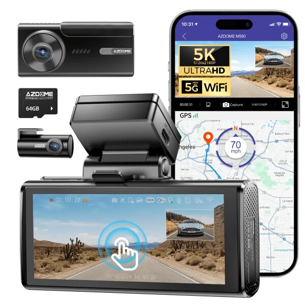 AZDOME M580 5K 5GHz WiFi Dash Cam oldin va orqa, 4 dyuymli sensorli avtomobil uchun videoregistrator, bepul 64GB karta, 4K+1080P GPS WDR tungi ko'rish 24 soat 4 rejimli to'xtash monitoringi - AZDOME