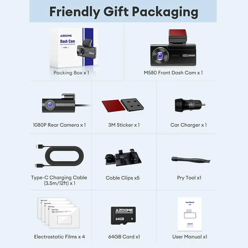 AZDOME M580 5K 5GHz WiFi Dash Cam oldin va orqa, 4 dyuymli sensorli avtomobil uchun videoregistrator, bepul 64GB karta, 4K+1080P GPS WDR tungi ko'rish 24 soat 4 rejimli to'xtash monitoringi - 8