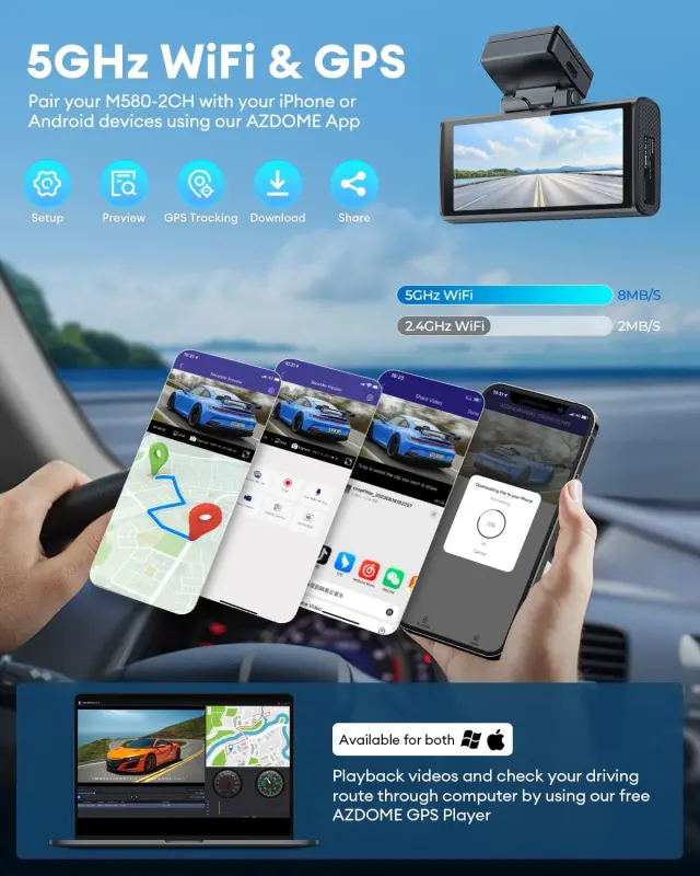AZDOME M580 5K 5GHz WiFi Dash Cam oldin va orqa, 4 dyuymli sensorli avtomobil uchun videoregistrator, bepul 64GB karta, 4K+1080P GPS WDR tungi ko'rish 24 soat 4 rejimli to'xtash monitoringi - 3