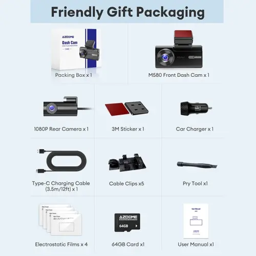 AZDOME M580 5K 5GHz WiFi Dash Cam oldin va orqa, 4 dyuymli sensorli avtomobil uchun videoregistrator, bepul 64GB karta, 4K+1080P GPS WDR tungi ko'rish 24 soat 4 rejimli to'xtash monitoringi - 7