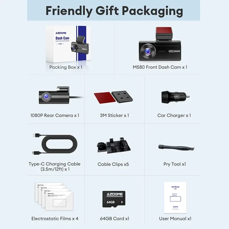 AZDOME M580 5K 5GHz WiFi Dash Cam oldin va orqa, 4 dyuymli sensorli avtomobil uchun videoregistrator, bepul 64GB karta, 4K+1080P GPS WDR tungi ko'rish 24 soat 4 rejimli to'xtash monitoringi - 7