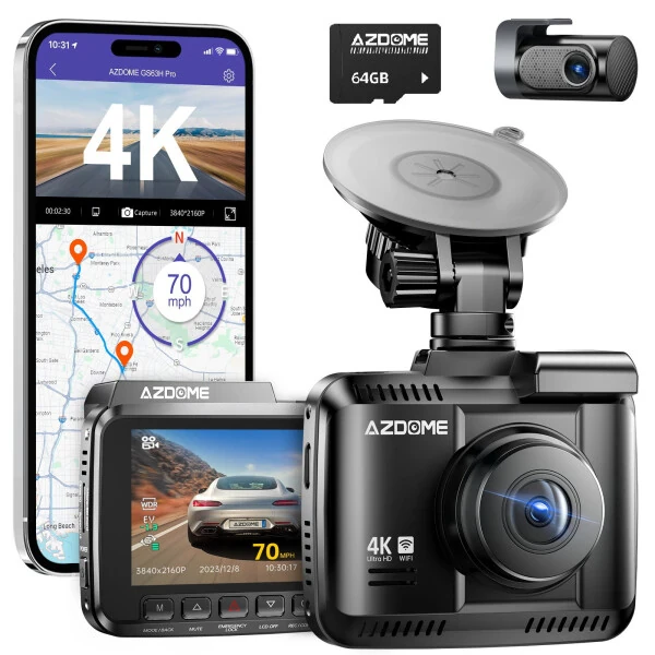 AZDOME Dash Cam Front and Rear, 4K+1080P Dual Dash Camera for Car, Dashboard Camera Built-in WiFi GPS, Free 64GB Card, Motion Detection, 24H Parking Mode, WDR Night Vision - AZDOME
