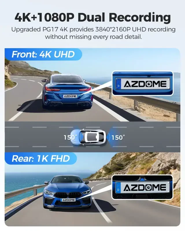 AZDOME Ortangi Ko'zg'u Avtomobil Registratori, Ikki Kamera 4K Oldingi va 1080P Orqa Kamera, 12'' Ko'zg'u Registratori Kech Ko'rish Imkoniyati bilan, O'rnatilgan Wi-Fi GPS, Bepul 64GB Karta, Avtoturargoh Nazorati - 3
