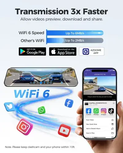 AZDOME Ortangi Ko'zg'u Avtomobil Registratori, Ikki Kamera 4K Oldingi va 1080P Orqa Kamera, 12'' Ko'zg'u Registratori Kech Ko'rish Imkoniyati bilan, O'rnatilgan Wi-Fi GPS, Bepul 64GB Karta, Avtoturargoh Nazorati - 4