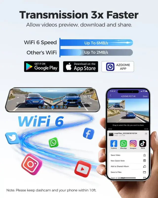 AZDOME Ortangi Ko'zg'u Avtomobil Registratori, Ikki Kamera 4K Oldingi va 1080P Orqa Kamera, 12'' Ko'zg'u Registratori Kech Ko'rish Imkoniyati bilan, O'rnatilgan Wi-Fi GPS, Bepul 64GB Karta, Avtoturargoh Nazorati - 4