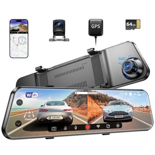 AZDOME PG17 WiFi Geri Görüş Aynası Kamera, 12' Ayna Dash Cam, Çift Kamera 2.5K Ön ve 1080P Arka Kamera Araba İçin, Ücretsiz 64GB TF Kart, Su Geçirmez Yedek Kamera Gece Görüşü, Park Yardımcısı GPS - 1