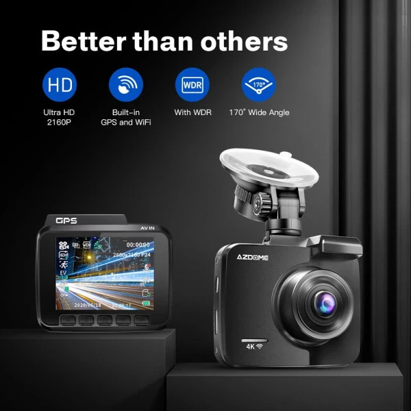 AZDOME Dash Cam with WiFi 4K , UHD 2160P Dash Camera, 170° Wide Angle Dashcam, Built-in GPS WDR Night Vision 24H Parking Mode, Loop Recording Easy to Install - AZDOME