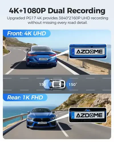 AZDOME Зеркало заднего вида видеорегистратор, Двойная камера 4K спереди и 1080P сзади, 12'' зеркало видеорегистратор с ночным видением, встроенный Wi-Fi GPS, бесплатная карта 64 ГБ, монитор парковки - 3