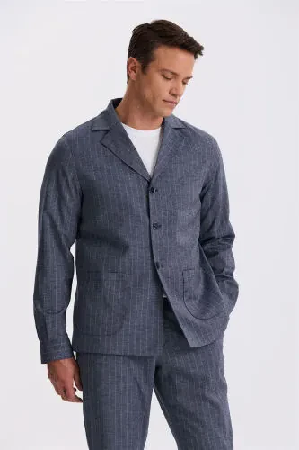 Azure Slim Fit Mandarin Collar Linen Blend Double Slit Striped Suit Jacket - Modazone (1)